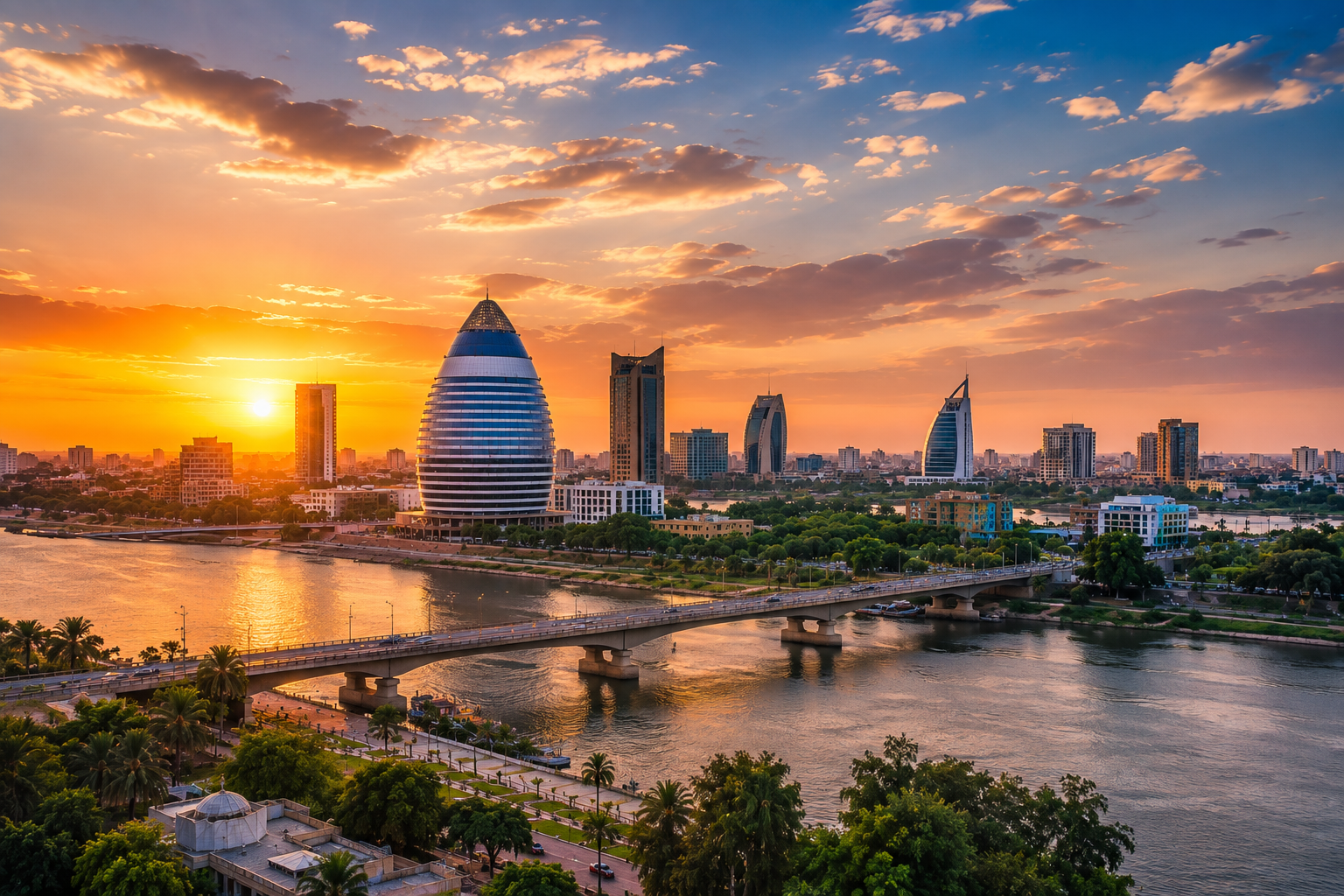 Modern egg-shaped skyscraper on the Nile waterfront in Khartoum at sunset, with a bridge spanning the river in the foreground